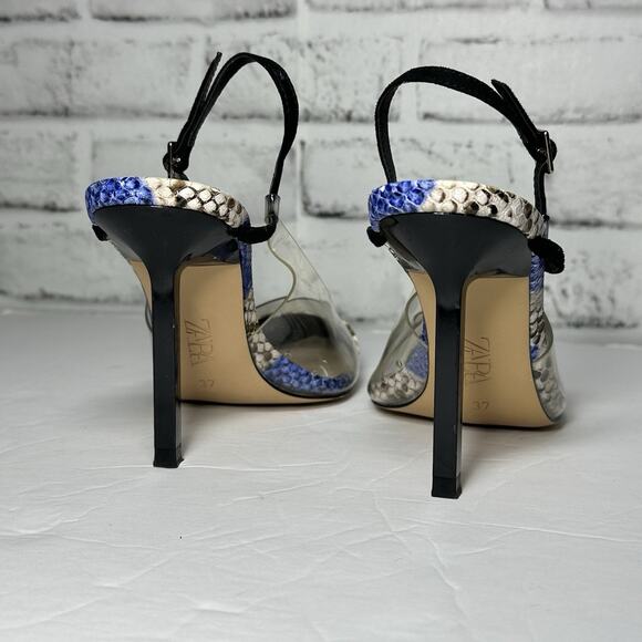 Zara Maximalist Snake Skin Vinyl Slingback Heels Yellow Blue Animal Print Sz 37 - Picture 5 of 8